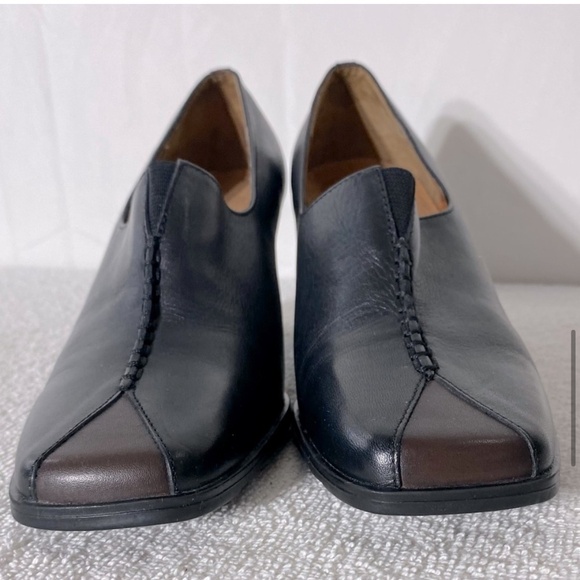 Infinity Black Leather Slip On Square Toe Low Heels W Brown Peekaboo Toe 7.5 - Picture 12 of 14